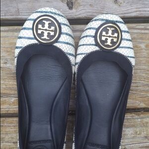 Tory Burch Cream & Black Striped Logo Ballet Flats